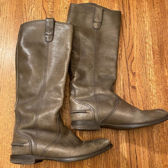 1937 Footwear Italy Women's Sz 6.5 Brown/Gra Leather Riding Tall Boots - Picture 1 of 11